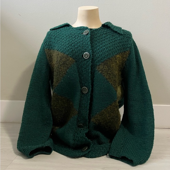 Sweaters - vintage textured knit cardigan sweater emerald green with argyle green pattern